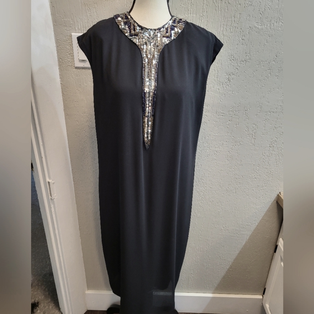 Vintage Ursula of Switzerland Black Shift Midi Dress w/ Sequin & Beaded Bib